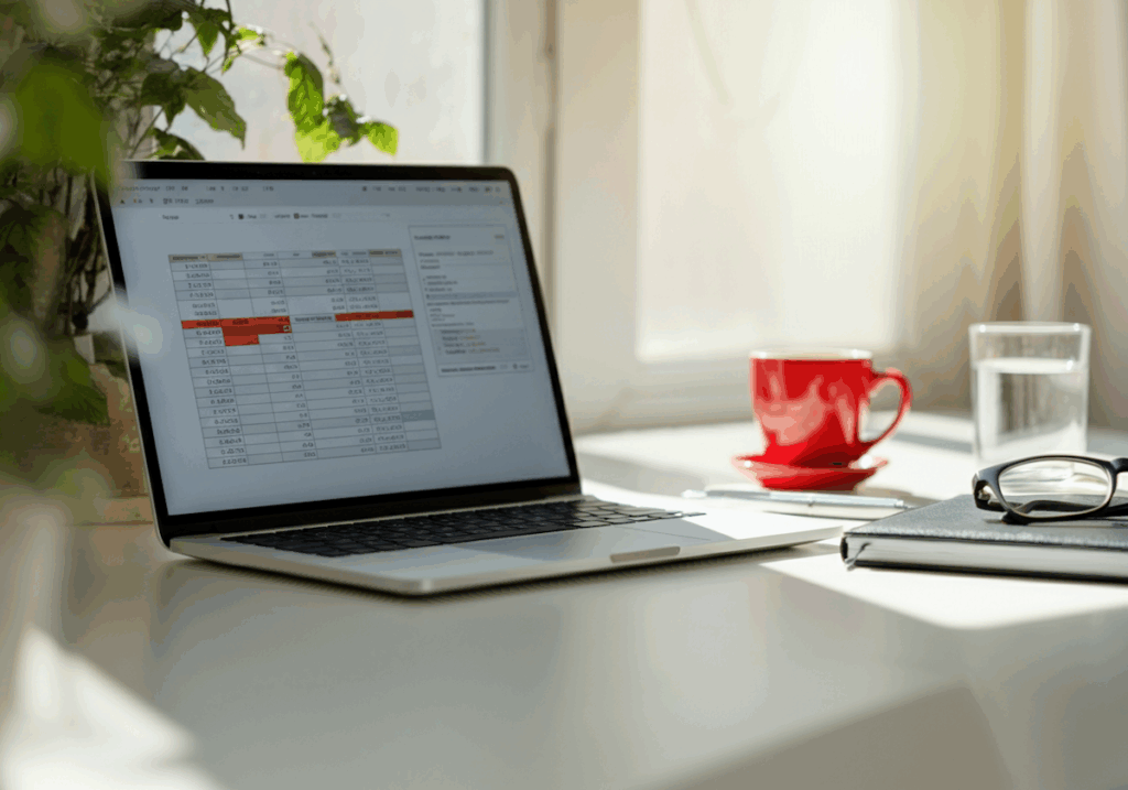 Almeida law group | laptop with spreadsheet on desk, red coffee cup, glasses on notebook, and sunlight filtering through window.