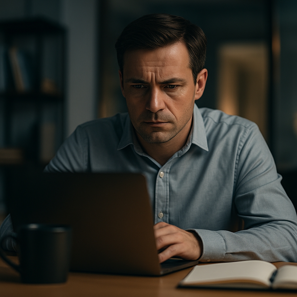 Almeida law group | a man focuses intently on his laptop in a dimly lit office, with a notebook and coffee mug beside him