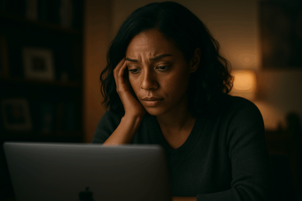 Almeida law group | a woman sits at a desk in a dimly lit office, the soft blue light from her laptop illuminating her face as she works late into the night