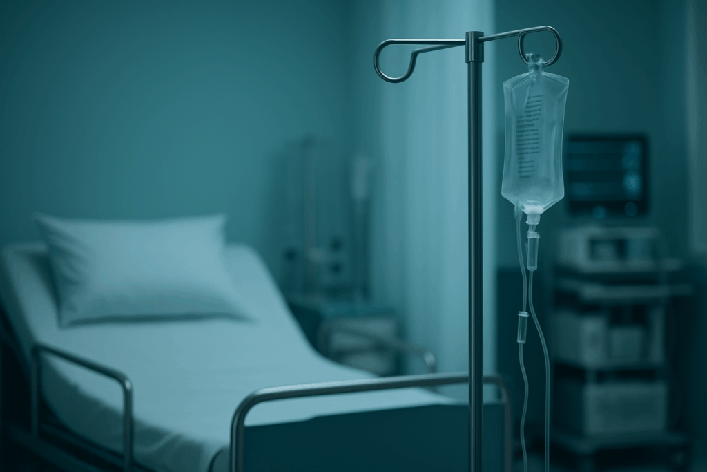Almeida law group | an empty hospital room with a neatly made bed, an iv stand, and soft blue lighting, symbolizing a healthcare data breach and the need for patient privacy protectio