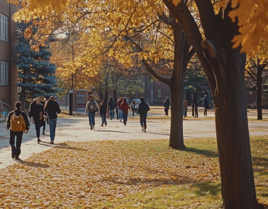 Almeida law group | autumn scene on a university campus with people walking under vibrant yellow trees and a brick building in the background