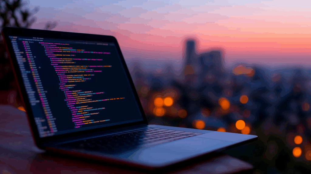 Almeida law group | laptop displaying colorful code with a blurred cityscape and sunset in the background