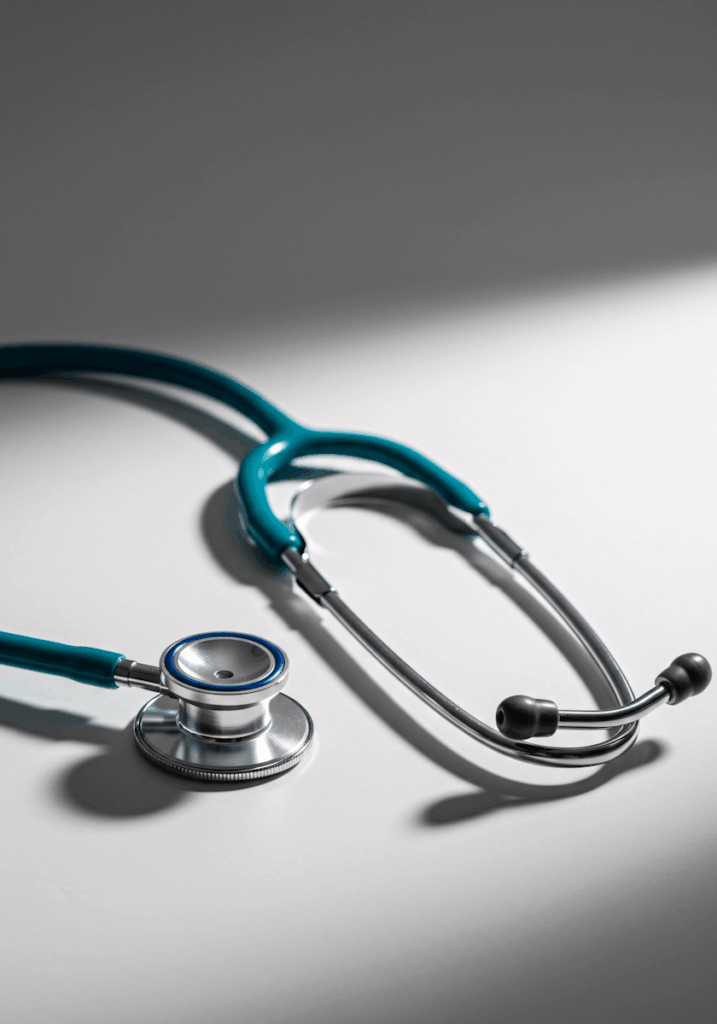 Almeida law group | a teal stethoscope on a light gray surface, symbolizing healthcare and medical practice