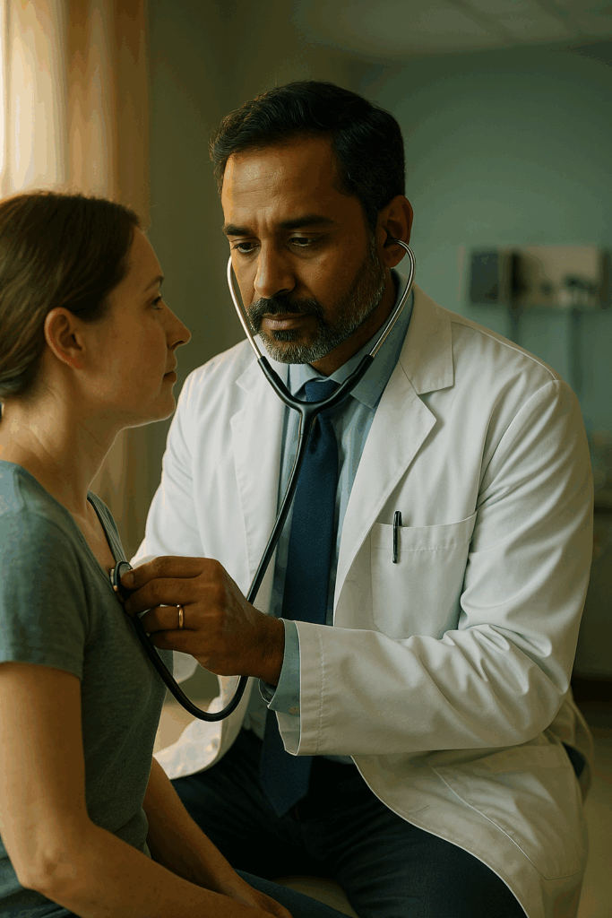 Almeida law group | a doctor in a white coat listening to a patient’s heartbeat with a stethoscope in a softly lit hospital room