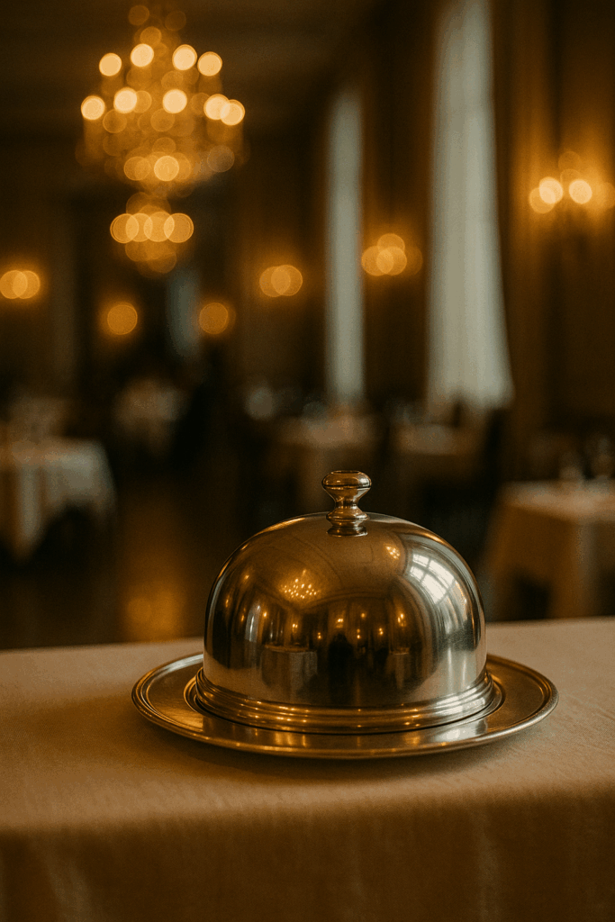 Almeida law group | a polished silver cloche sits on a white tablecloth in an elegant hotel dining room