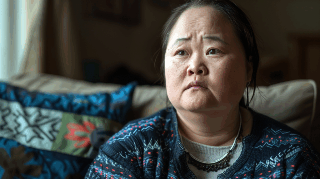 Almeida law group | a woman with contemplative expression, wearing a patterned sweater, seated on a couch with colorful pillows