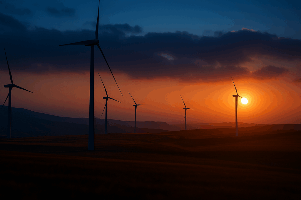 Almeida law group | wind turbines standing on open fields at sunset, with the sky glowing in deep orange and blue tones, casting long shadows across the rolling hills