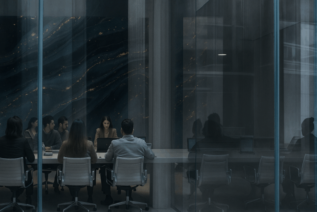 A group of professionals sits around a long conference table inside a sleek, glass-walled meeting room with cool blue-gray lighting and a marble-patterned wall featuring gold streaks